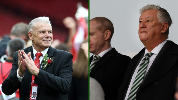 Split image of Aberdeen chairman Dave Cormack and Celtic CEO Michael Nicholson and Celtic chairman Peter Lawwell.