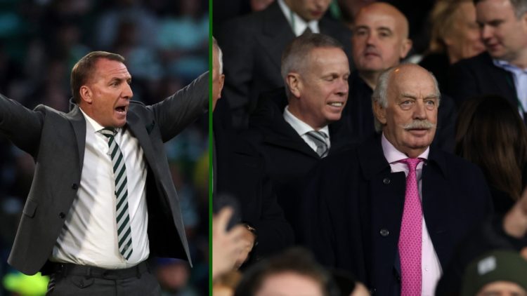 Split image of Celtic manager Brendan Rodgers vs Kairat Almaty and Celtic majority shareholder Dermot Desmond.