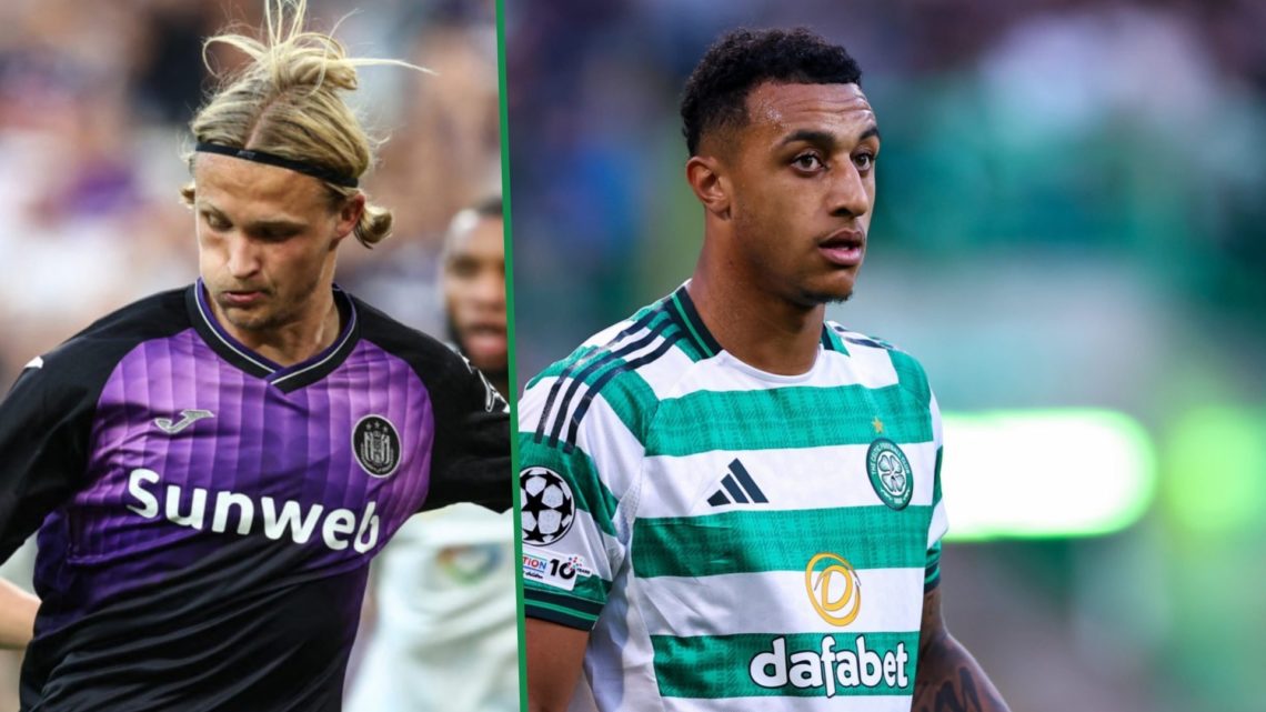 Kasper Dolberg striking the ball in a game for Anderlecht left and Celtic's Adam Idah looks on against Kairat Almaty right