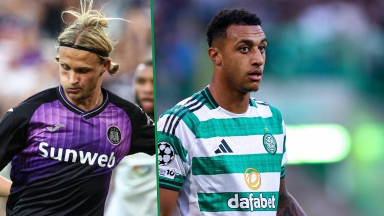 Kasper Dolberg striking the ball in a game for Anderlecht left and Celtic's Adam Idah looks on against Kairat Almaty right