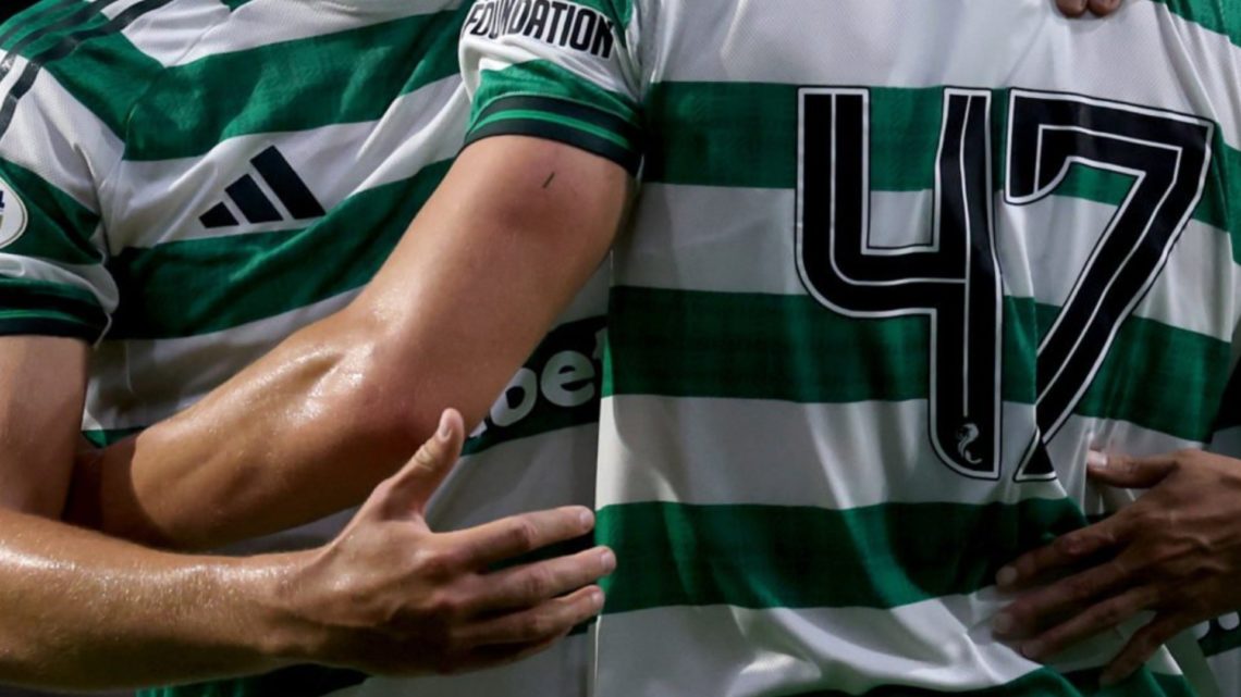 Arne Engels and Dane Murray celebrate a goal during Celtic vs Falkirk Premier Sports Cup game