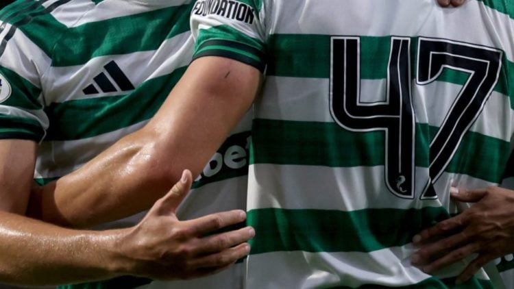 Arne Engels and Dane Murray celebrate a goal during Celtic vs Falkirk Premier Sports Cup game