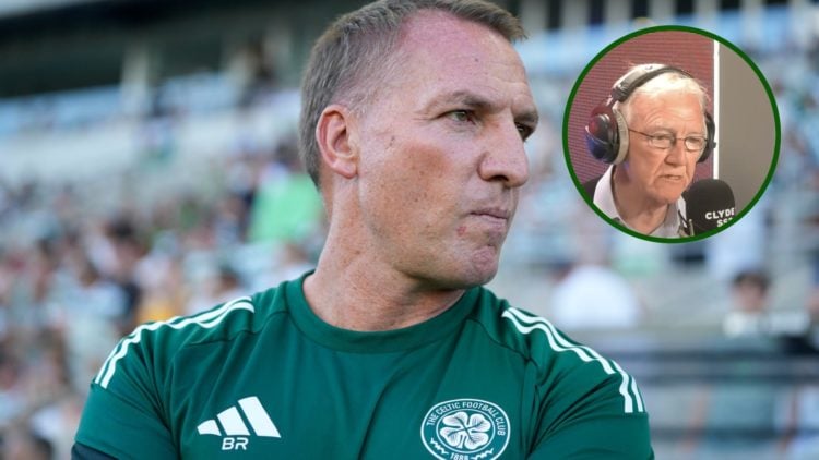 Image of Celtic boss Brendan Rodgers looking sternly at an overlay of radio pundit Hugh Keevins.