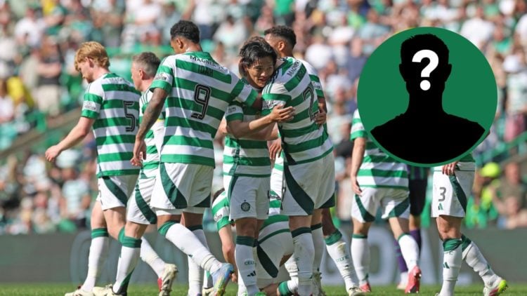 Reo Hatate celebrates for Celtic against Hibernian with his teammates, an inset of a mystery man