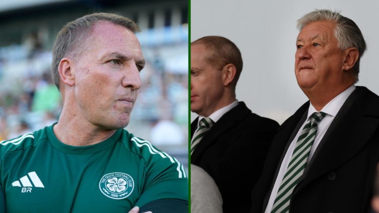 Split image of Celtic manager Brendan Rodgers staring at Celtic chairman Peter Lawwell and Celtic CEO Michael Nicholson