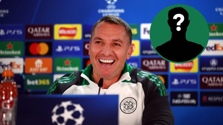 Brendan Rodgers laughs during a press conference before a Champions League fixture, an inset of a mystery man