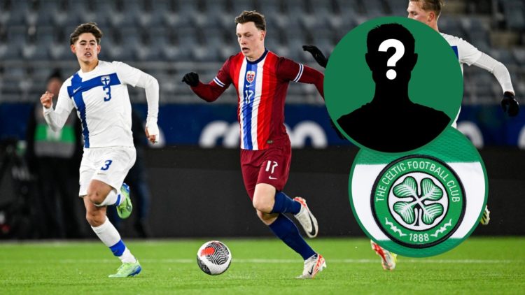 Sondre Orjasaeter in action for Norway during a Euro U21s qualifier against Finland, inset of a mystery man, an inset of the Celtic badge on a shirt