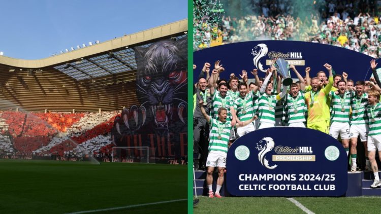 A split image of the Sunderland fans showcasing a tifo at the Stadium of Light, and the Celtic players lifting the 2024/25 Premiership title.