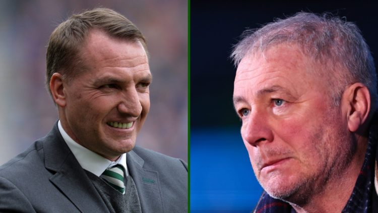 Split image of Celtic manager Brendan Rodgers smiling at former Rangers player and manager Ally McCoist.