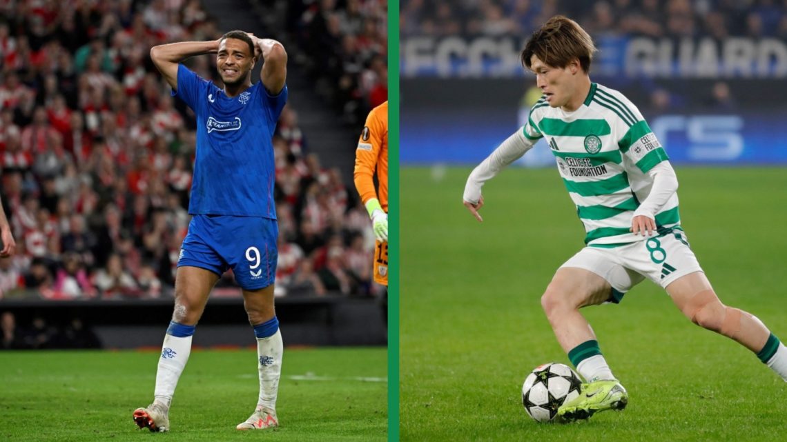 A split image of Cyriel Dessers looking dejected for Rangers against Athletic Club Bilbao in the Europa League and Kyogo Furuhashi in action for Ce...