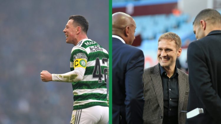 A split image of Callum McGregor celebrating in front of the Celtic fans and Stiliyan Petrov pitchside at Villa Park for Aston Villa against Liverp...