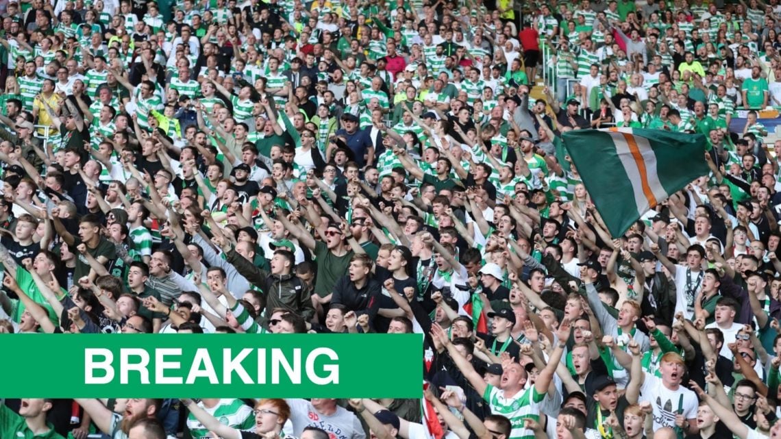 Celtic fans and Green Brigade members sing at Celtic Park during a Champions League qualifier with BREAKING label bottom left