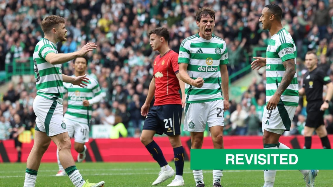Paulo Bernardo of Celtic celebrates scoring his team's first goal with teammate Adam Idah against Falkirk in the Premier Sports Cup quarter-final