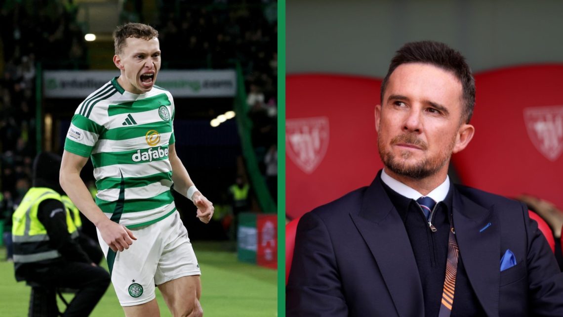 A split image of Alistair Johnston celebrating for Celtic against St Johnstone, including Barry Ferguson watching on ahead of Rangers' Europa Leagu...