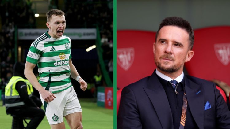 A split image of Alistair Johnston celebrating for Celtic against St Johnstone, including Barry Ferguson watching on ahead of Rangers' Europa Leagu...