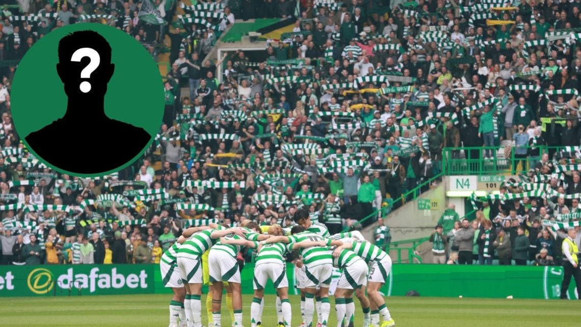 The Celtic huddle before kick off against Kilmarnock, an inset of a mystery man
