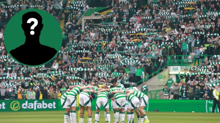 The Celtic huddle before kick off against Kilmarnock, an inset of a mystery man