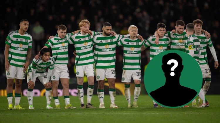 Celtic's players line up during the Premier Sports Cup final penalty shootout, an inset of a mystery man