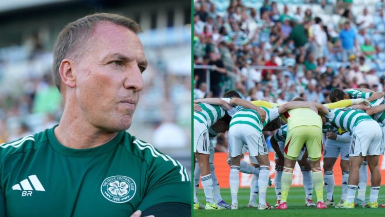 Brendan Rodgers looks frustrated before Celtic kick off, Celtic players gather in a team huddle before kick off