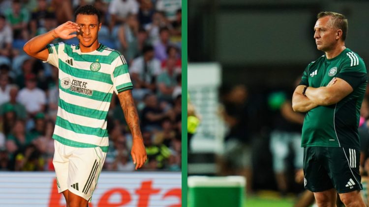 A split image of Adam Idah and Brendan Rodgers in pre-season for Celtic.