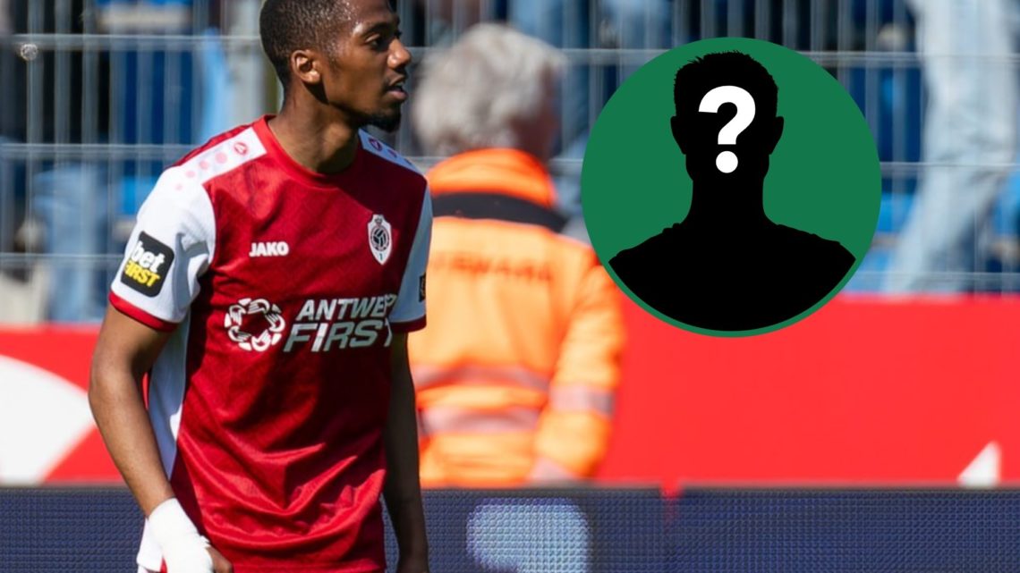 Michel-Ange Balikwisha in action for Royal Antwerp vs Genk in the Pro League play-offs, an inset of a mystery man