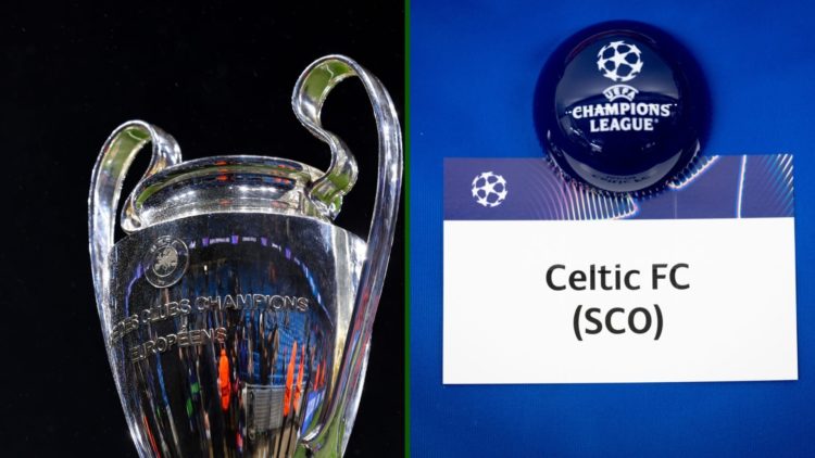 Split image of the Champions League trophy and UEFA's name for Celtic in the Champions League draw.