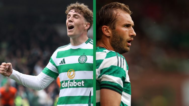 A split image of Arne Engels celebrating for Celtic against Dundee United and Benjamin Nygren in action for Celtic in pre-season.