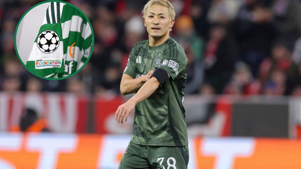 Daizen Maeda watches on during Celtic's Champions League game against Bayern Munich, the Champions League badge is printed onto a Celtic shirt