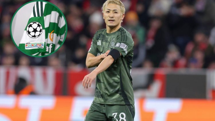 Daizen Maeda watches on during Celtic's Champions League game against Bayern Munich, the Champions League badge is printed onto a Celtic shirt