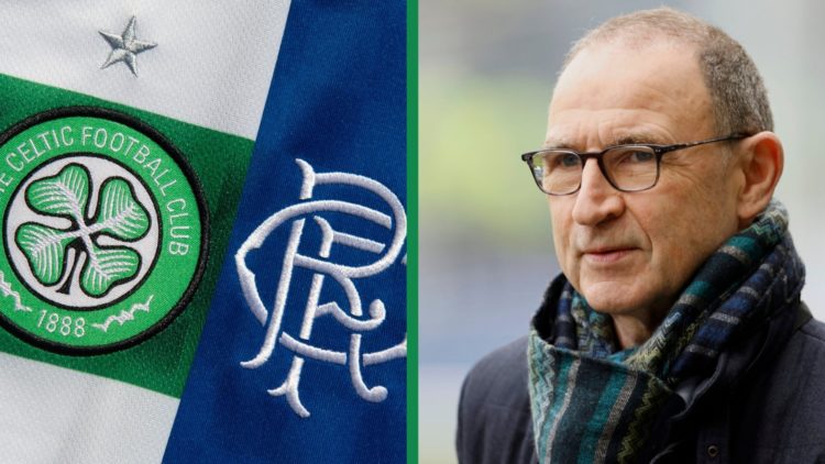 A split image of the Celtic and Rangers badges, including Celtic legend Martin O'Neill in attendance for Celtic's Scottish Cup semi-final against R...