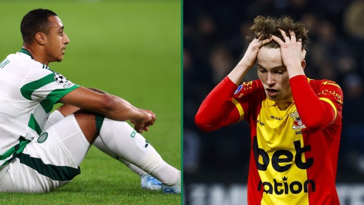 Adam Idah looks dejected after Celtic are knocked out of the Champions League, Jakob Breum reacts after missing a shot for Go Ahead Eagles