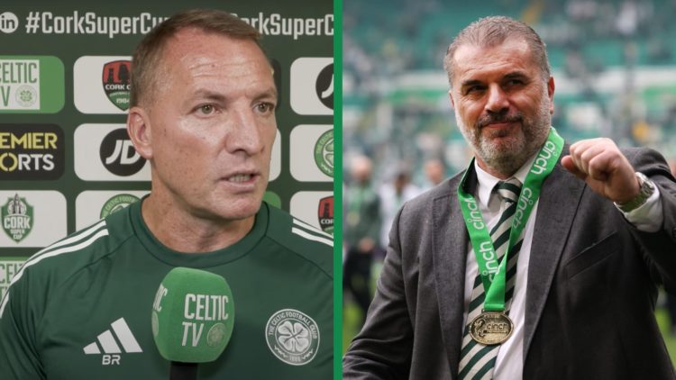 A split image of Brendan Rodgers talking to Celtic TV and Ange Postecoglou celebrating Celtic winning the Premiership title.