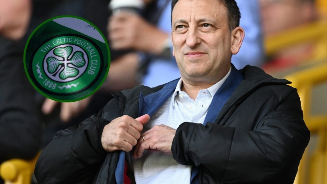 Hearts owner Tony Bloom in the stands for Brighton's Premier League fixture with Wolves and an overlay of the Celtic badge.
