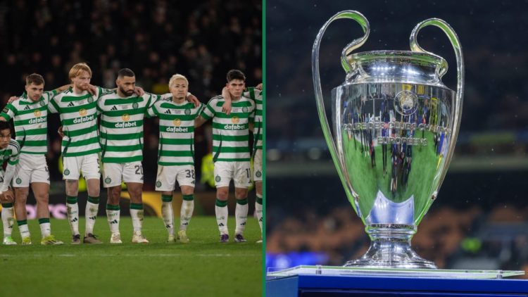 Celtic's players hold their breath during a penalty shootout, the Champions League trophy on display