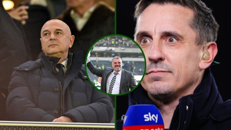 Split image of Tottenham owner Daniel Levy and Manchester United legend Gary Neville with an overlay of Ange Postecoglou after winning the Scottish...