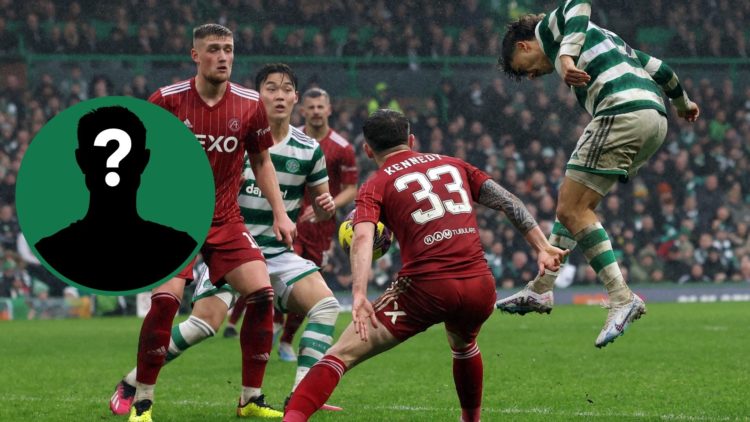 Jota has a headed effort on goal during Celtic vs Aberdeen, an inset of a mystery man