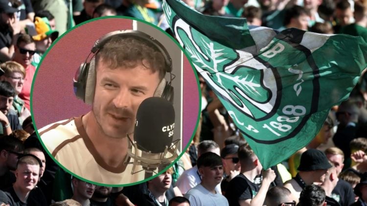 Andy Halliday reacts during live Clyde 1 Superscoreboard radio show in August 2025 left inset and Celtic fans during Scottish Cup clash vs St Johns...