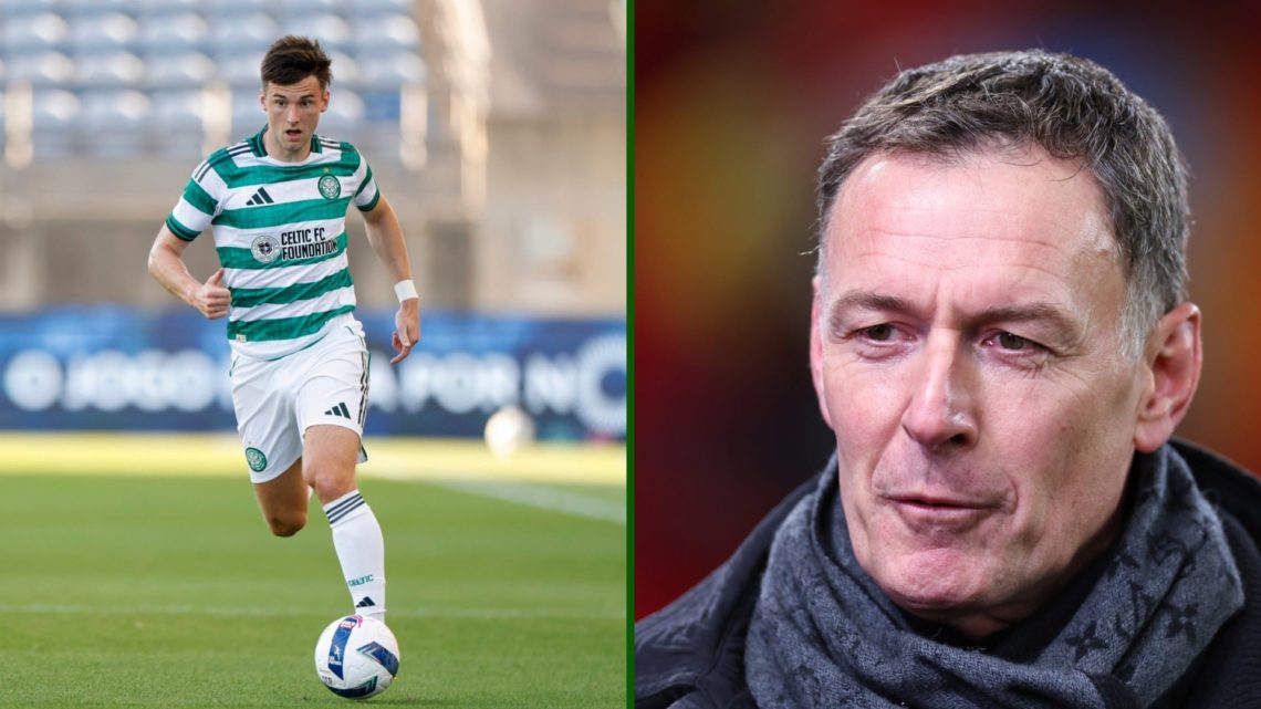 Split image of Celtic hero Chris Sutton and Celtic defender Kieran Tierney in action against Sporting CP.