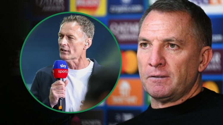 Chris Sutton with Sky Sports microphone left inset and Brendan Rodgers speaking at a Champions League press conference right