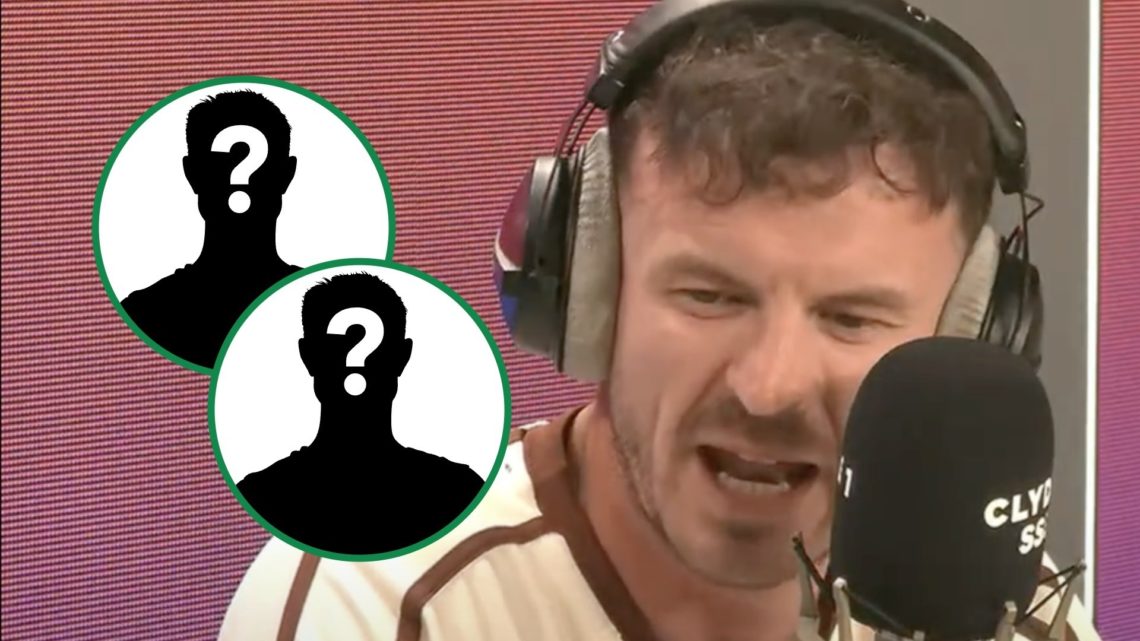 Andy Halliday speaking during live Clyde 1 Superscoreboard radio show in August 2025 right with two mystery Celtic player overlays left inset