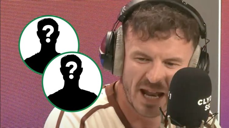 Andy Halliday speaking during live Clyde 1 Superscoreboard radio show in August 2025 right with two mystery Celtic player overlays left inset