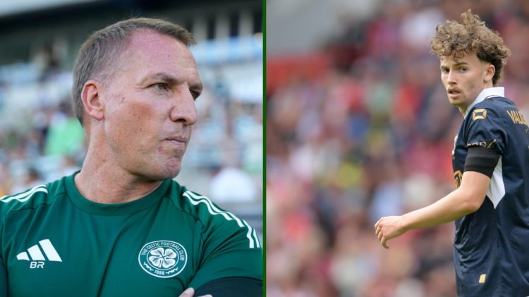 Split image of Celtic manager Brendan Rodgers on the touchline during friendly win over Sporting CP and Go Ahead Eagles star Jakob Breum during the...