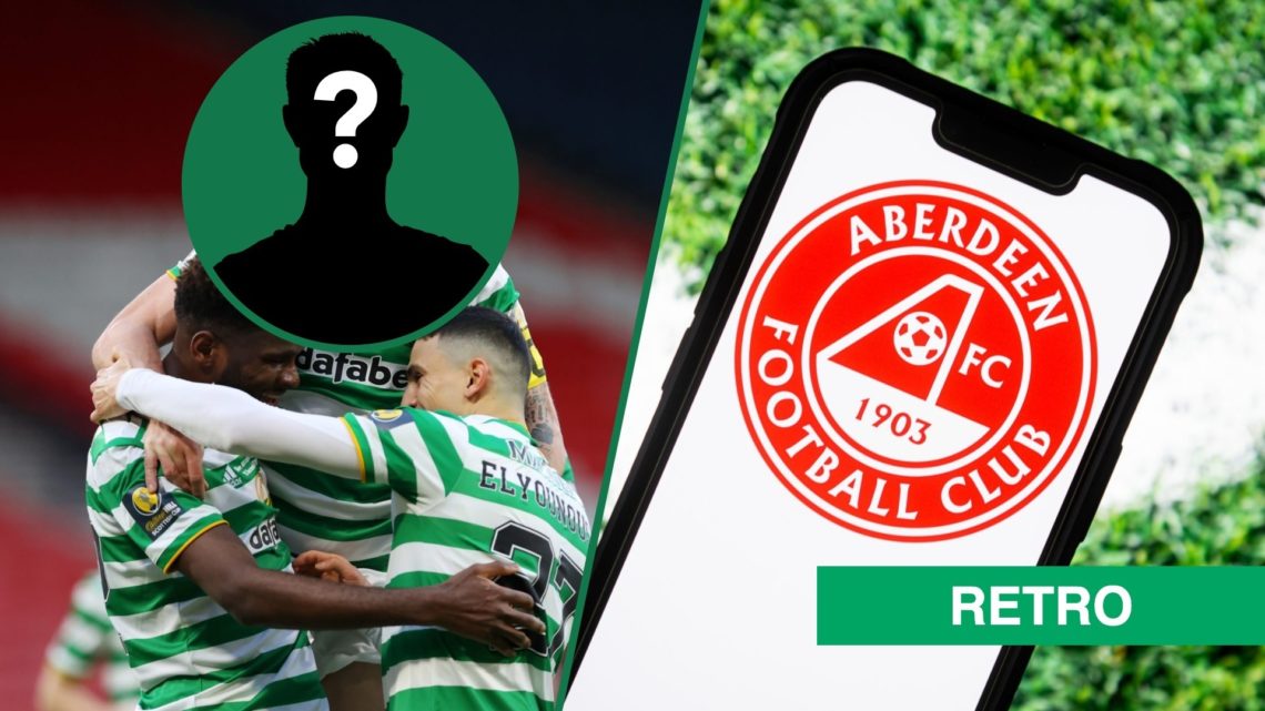 Scott Brown celebrates with Odsonne Edouard after he scores for Celtic, an inset of a mystery man, the Aberdeen club badge is on the phone