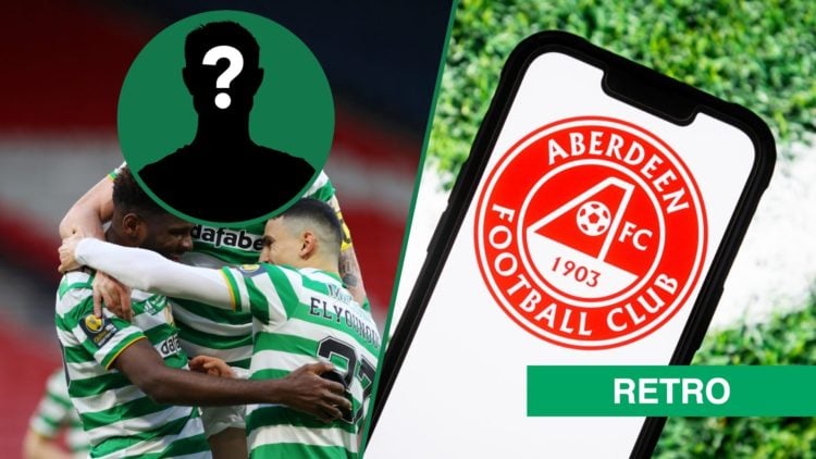 Scott Brown celebrates with Odsonne Edouard after he scores for Celtic, an inset of a mystery man, the Aberdeen club badge is on the phone