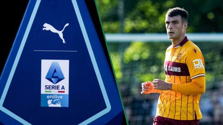 The Serie A logo displayed on a stand holding a football, Lennon Miller in action for Motherwell during a pre-season friendly