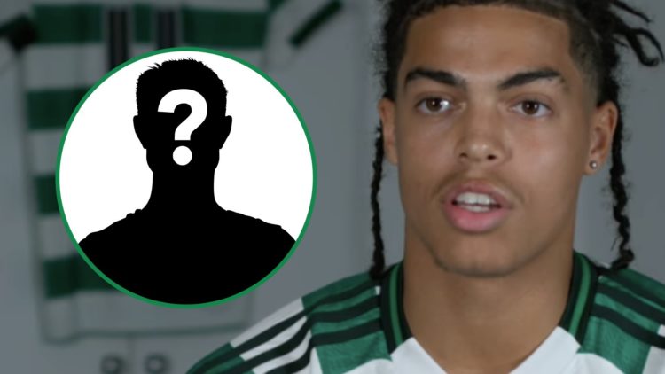 Jahmai Simpson-Pusey speaks to Celtic TV in the dressing room after signing on loan right with mystery Celtic player overlay left inset
