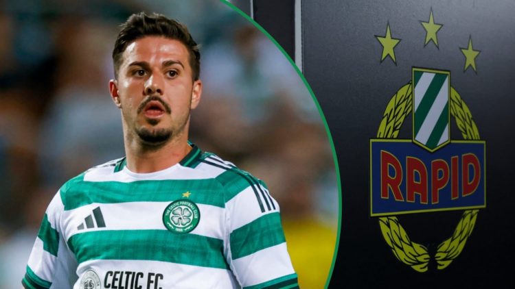 Marco Tilio in action for Celtic vs Sporting Lisbon in pre-season left and SK Rapid Wien badge shown on dressing room wall right