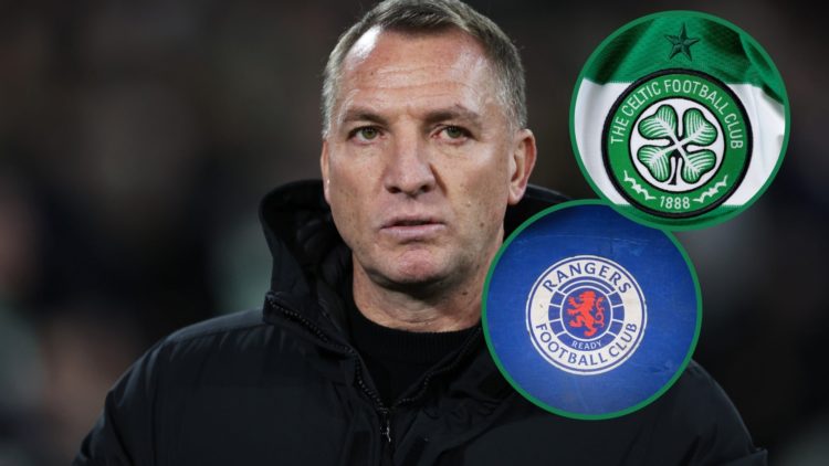 Brendan Rodgers looks perplexed during Celtic vs Dundee, an inset of the Rangers badge, an inset of the Celtic badge