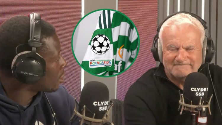 Marvin Bartley and Gordon Dalziel disagree during live Clyde 1 Superscoreboard radio show in August 2025 with Champions League logo shown on Celtic...