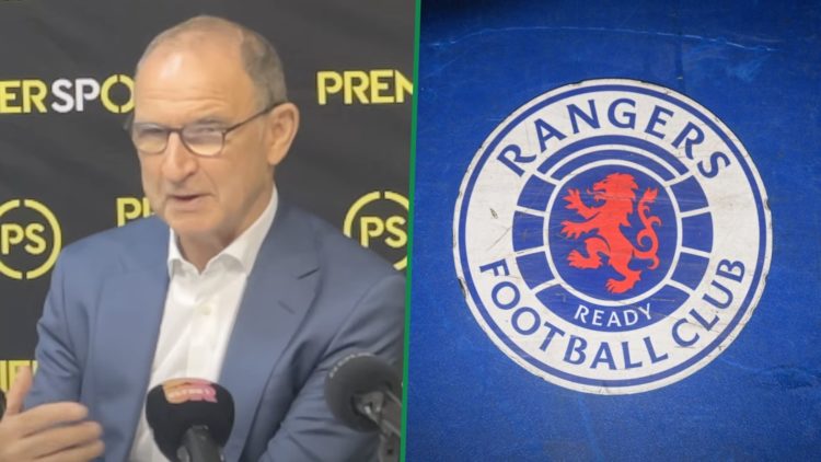 Celtic legend Martin O'Neill during a Premier Sports press conference left and general view of Rangers badge right